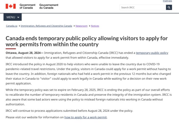 加拿大暂停境内旅游签转工签