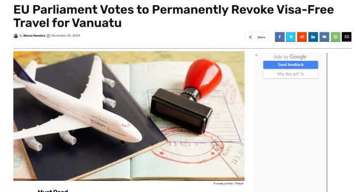 欧盟终止瓦努阿图免签