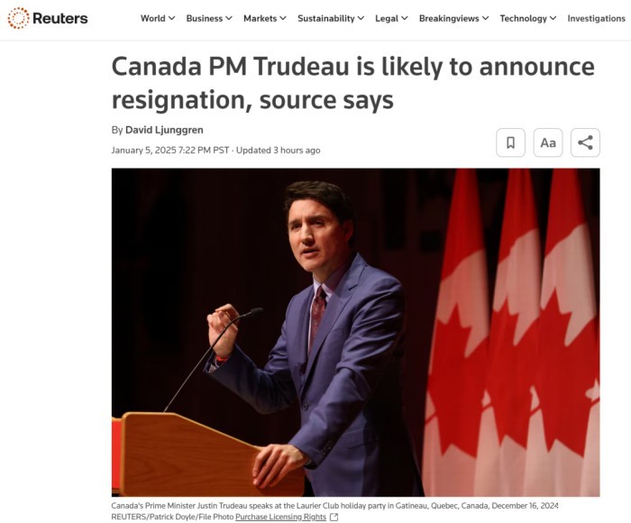 加拿大总理特鲁多将辞职