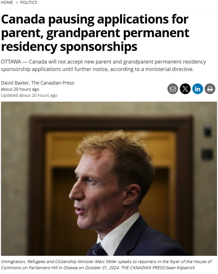 加拿大暂停祖父母团聚移民