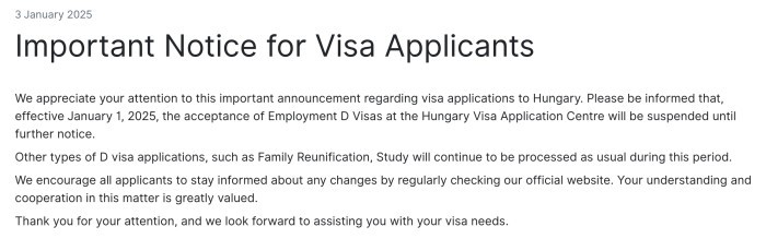 匈牙利暂停受理就业D类签证
