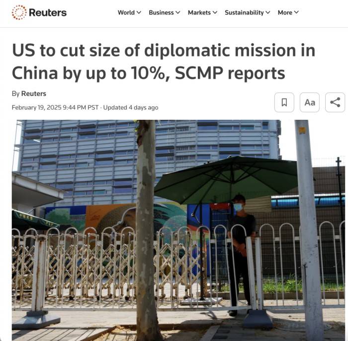 美国驻华使馆大幅裁员