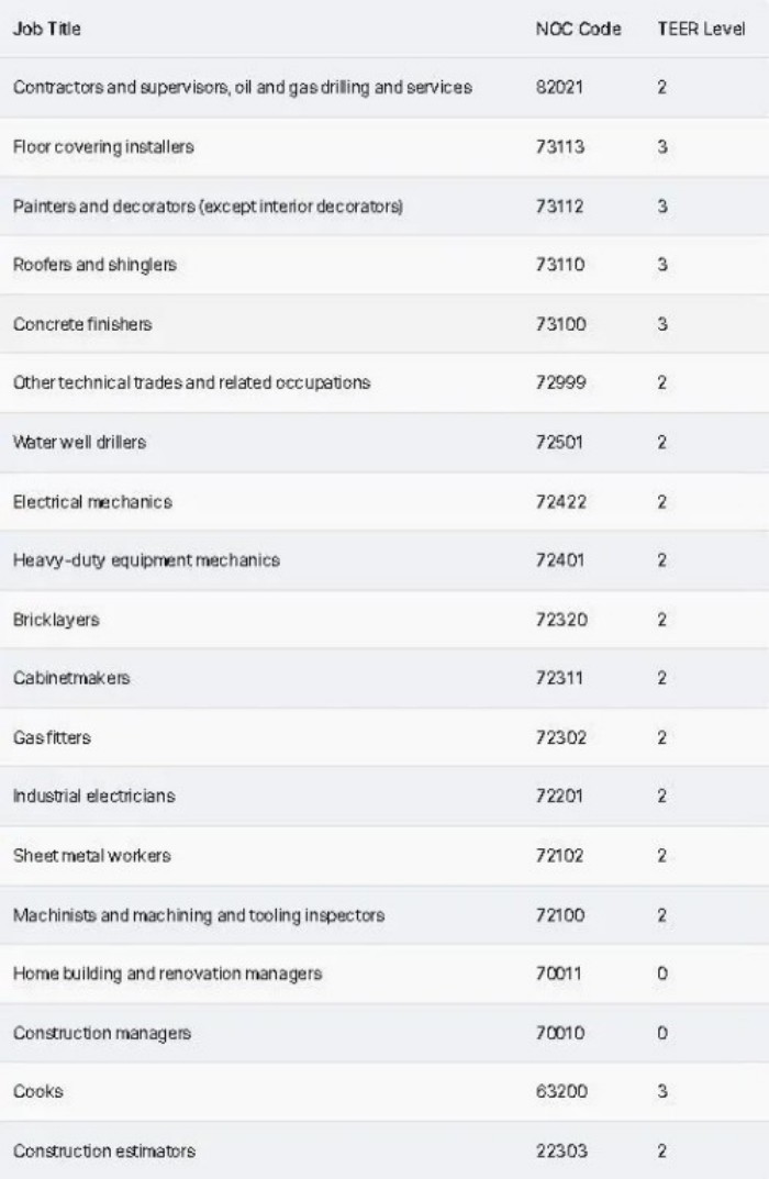 快速通道（EE）技术类职业类别