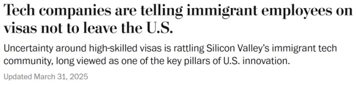 科技大厂建议H1-B员工不要出境