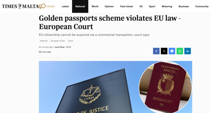 叫停马耳他“黄金护照”项目