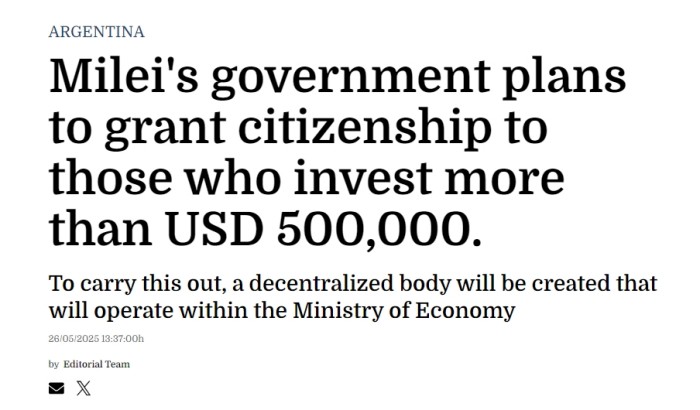 阿根廷计划推出投资入籍计划