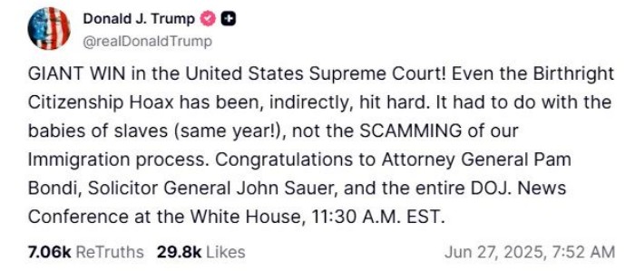 川普在社媒上发表获胜感言