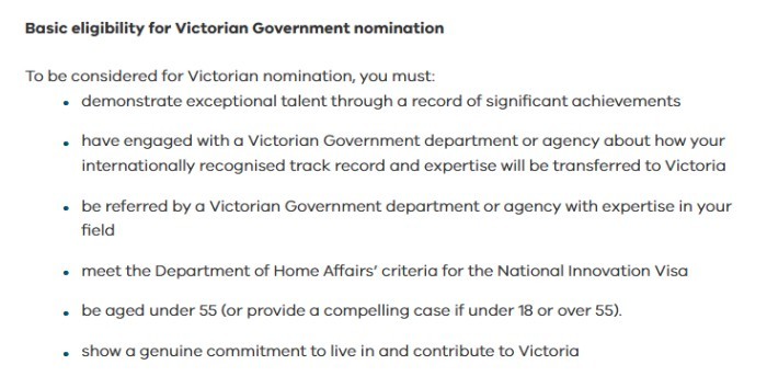 维州NIV提名基本要求 维州NIV提名基本要求