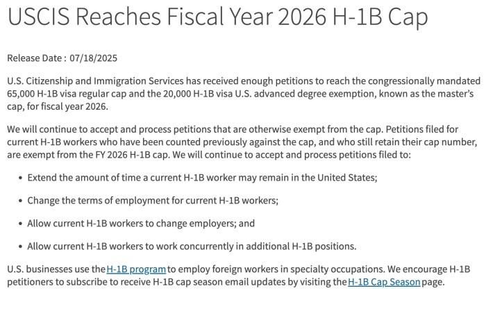 H-1B名额已达上限 H-1B名额已达上限