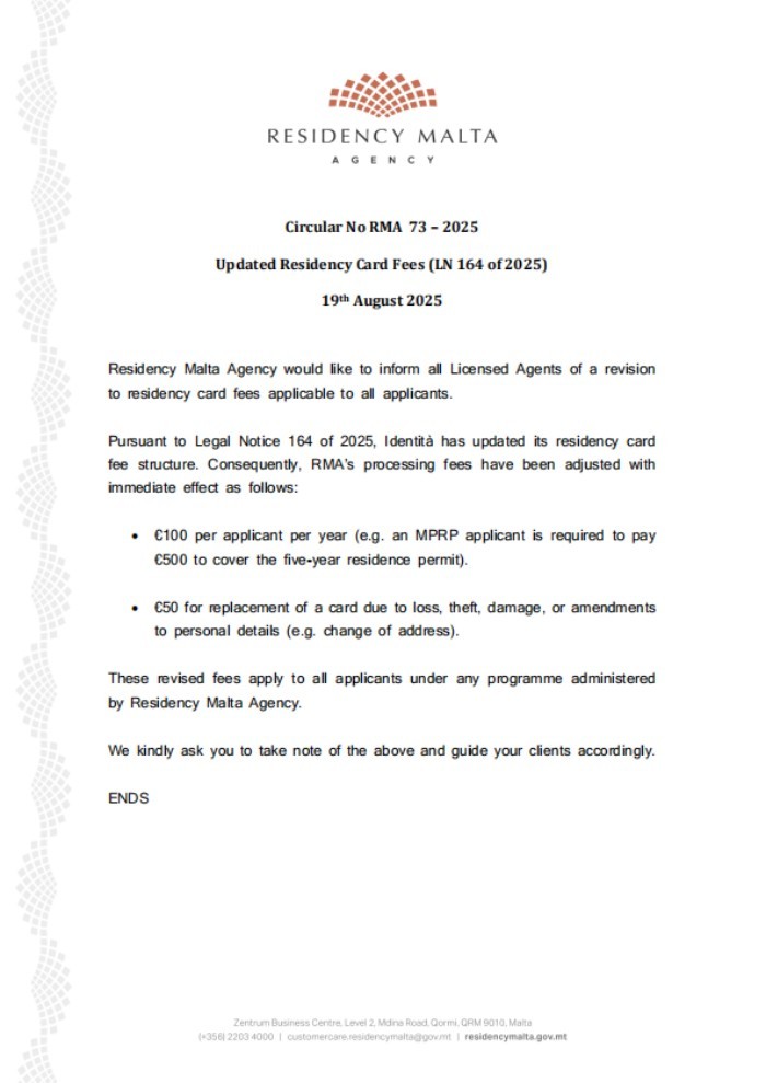 马耳他永久居留卡多项费用上涨 马耳他永久居留卡多项费用上涨