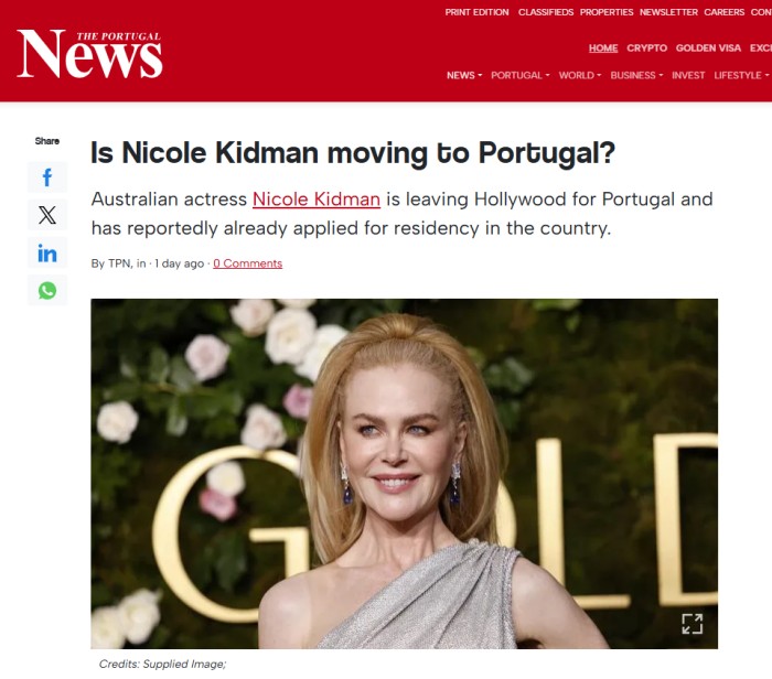 妮可·基德曼移居葡萄牙