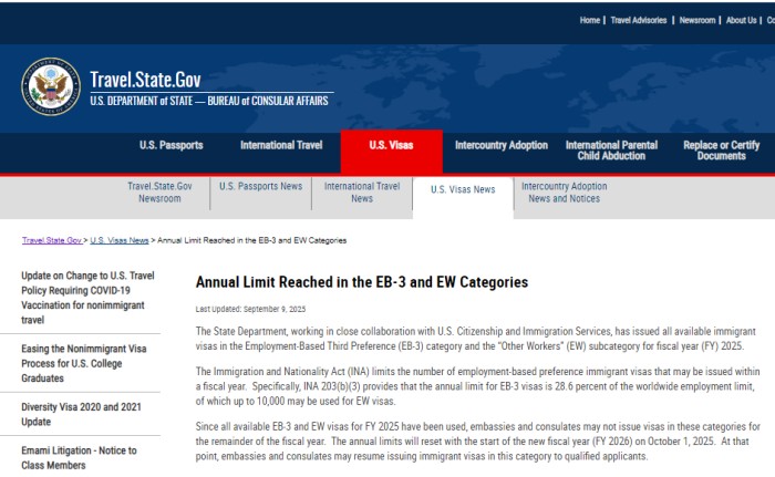 EB-3和EW类别的移民签证名额已用完