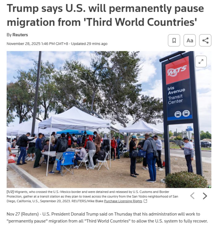美国将永久暂停来自所有“第三世界国家”的移民