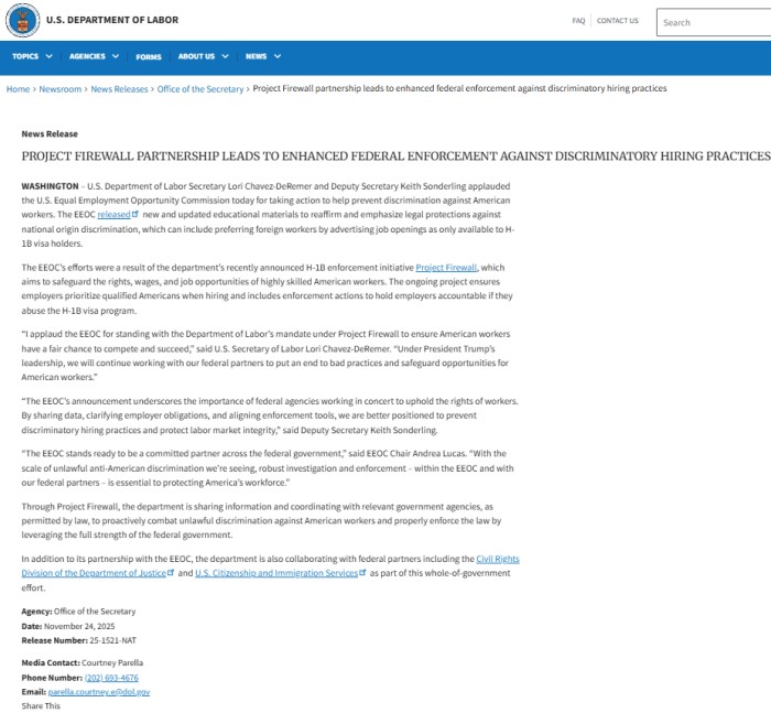 美国劳工部“防火墙计划”