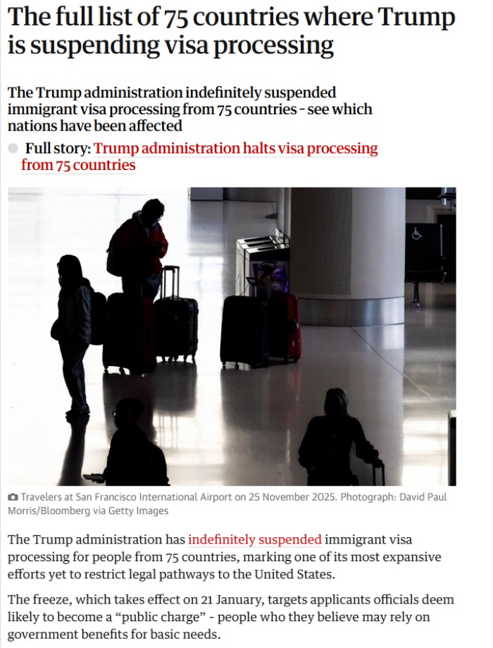 美国暂停75国签证